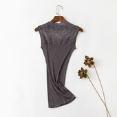 弹力上衣修身 徐凰真丝无袖 针织一字领蚕丝背心女蕾丝领打底衫 内搭