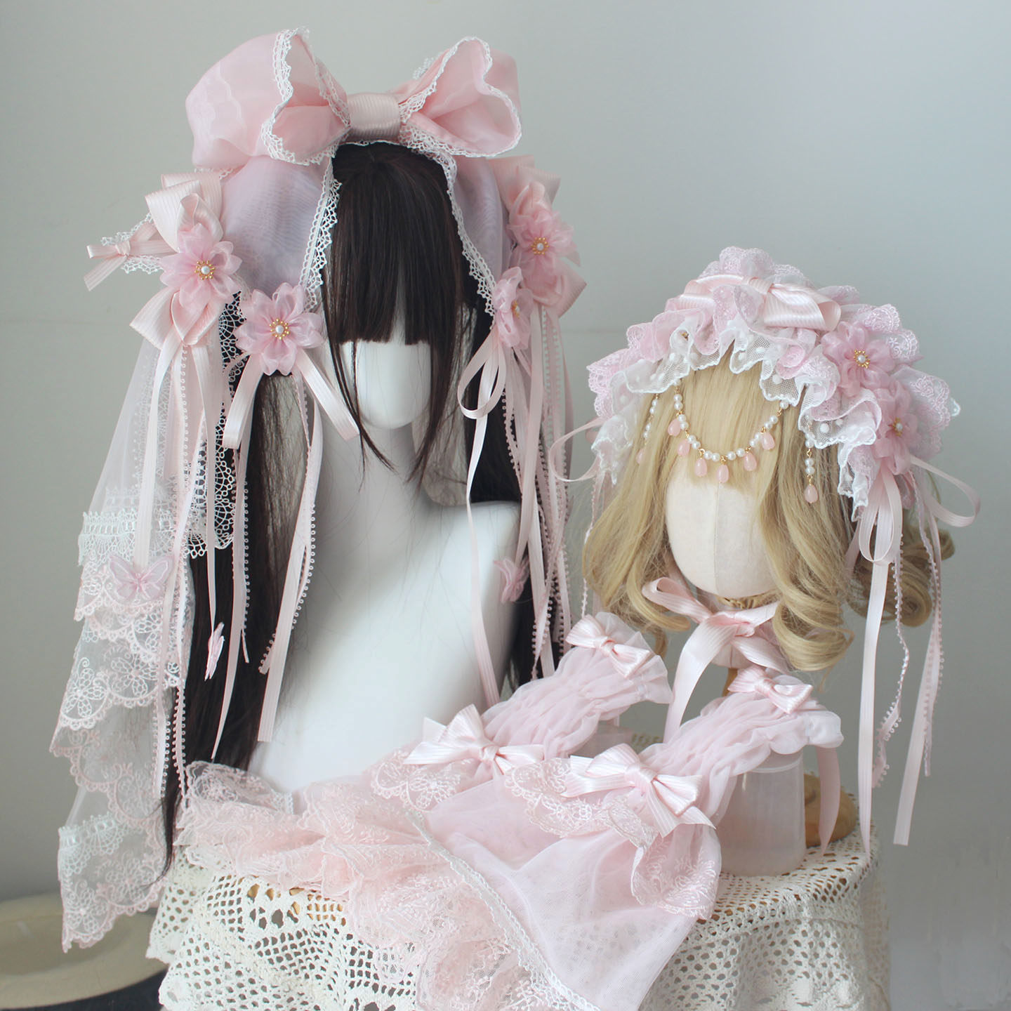 樱花树下的告白蝴蝶结发箍头纱 发带 粉色长手袖 lolita小物发饰