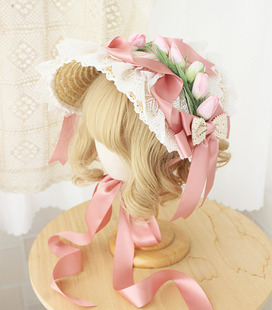 汉阳折衷波奈特帽 郁金香花朵bnt 蕾丝蝴蝶结 lolita少女扁帽发饰