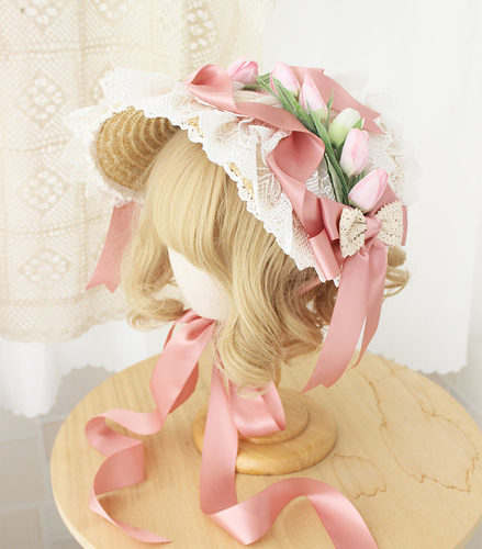 旅拍扁帽lolita少女花朵波奈特帽