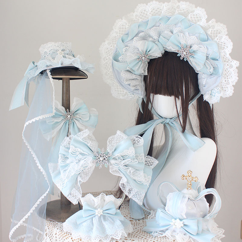 圣诞G浅蓝波奈特小礼帽头纱BNT 蕾丝蝴蝶结KC手袖 lolita边夹头饰