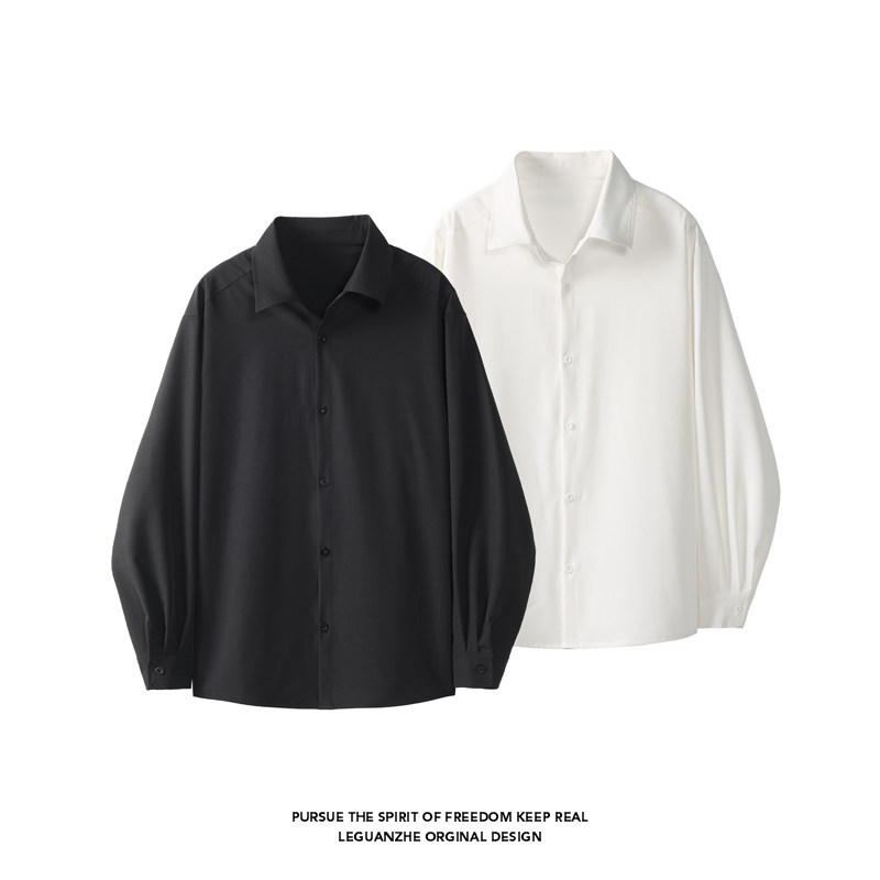 大码简约纯色长袖衬衫常规长袖黑色衬衫外套秋季设计感上衣宽松