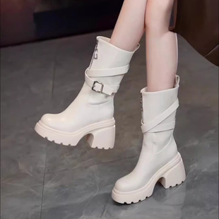 小个子增高中筒靴英伦风厚底马丁靴女2025年秋冬季加绒高跟时装靴