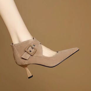 法式磨砂真皮气质高跟鞋春秋新款尖头细跟皮带扣镂空踝靴高帮单鞋