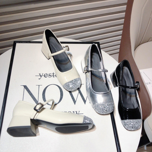 仙女风方头亮片一字扣带粗跟玛丽珍鞋银色法式低跟礼服单鞋芭蕾鞋