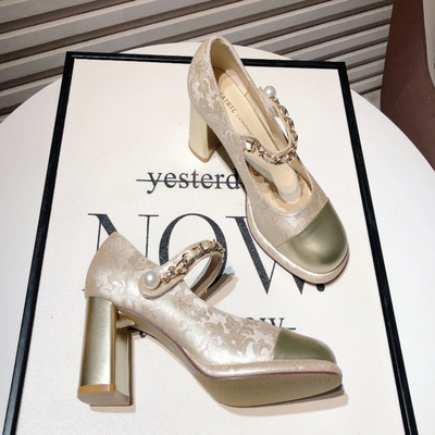 高跟玛丽珍鞋女方头粗跟印花单鞋