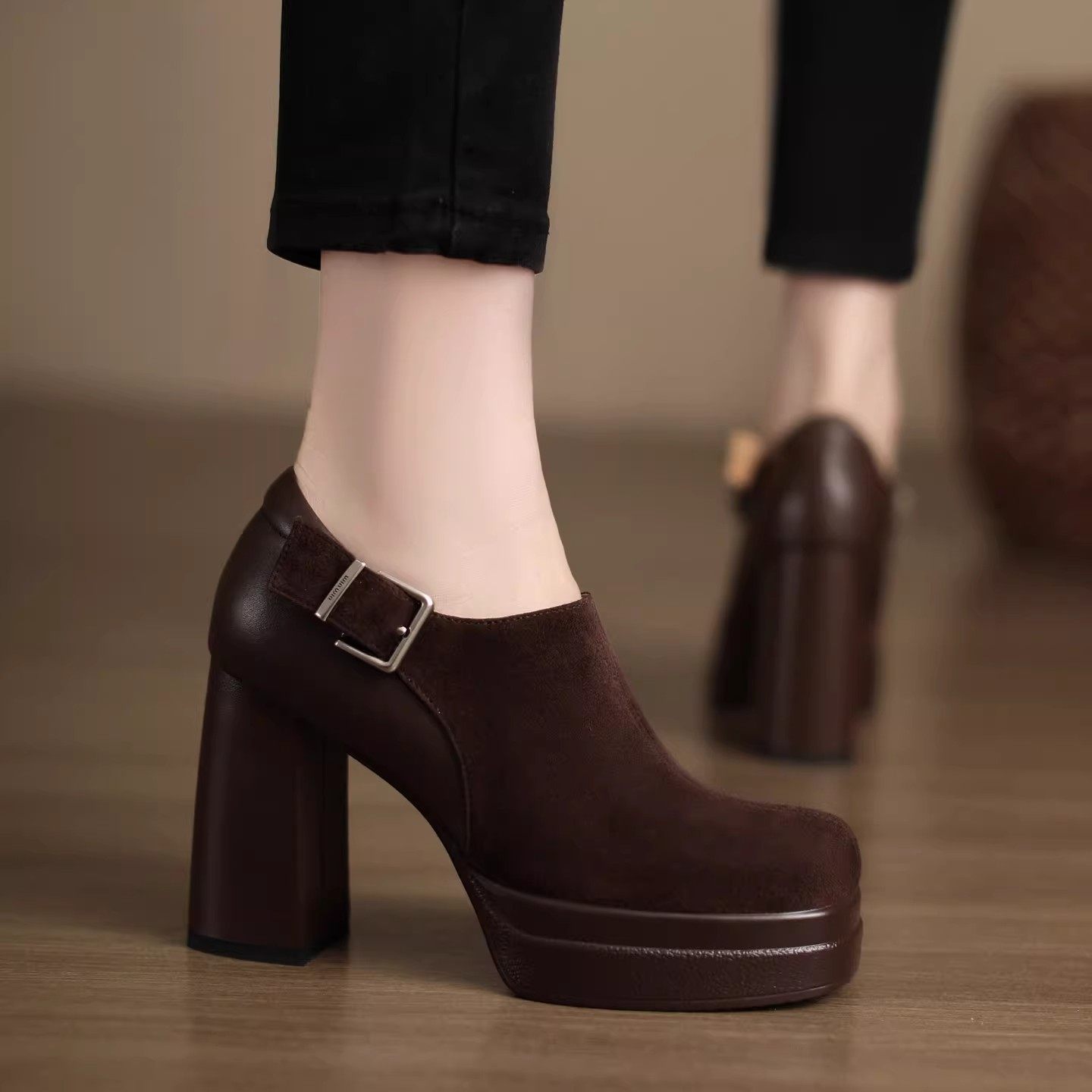 10cm小个子防水台超高跟鞋女2026新款棕色深口单鞋真皮气质小皮鞋,女鞋,深口单鞋,淘宝优惠券,粉丝福利购,淘宝优惠卷