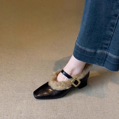 银泰百货毛毛鞋女小皮鞋粗跟单鞋