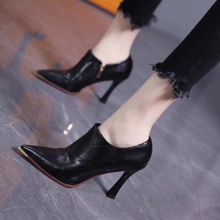 女2025年百搭侧拉链细跟单鞋 气质金属尖头深口通勤高跟鞋 新款 秋季