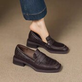 真皮方头乐福鞋 英伦风小皮鞋 女深口单鞋 一脚蹬粗跟百搭复古休闲鞋