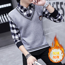 青年加厚保暖毛衣背心冬款 男宽松长袖 衬衣服 加绒假两件衬衫 秋冬季