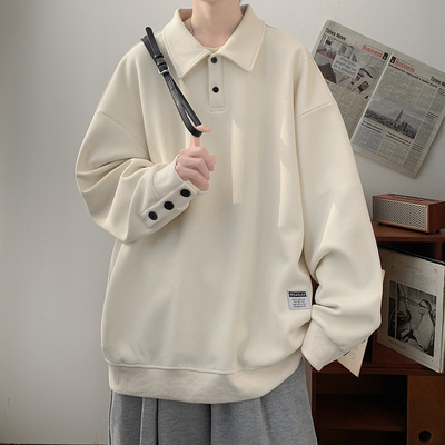 翻领卫衣男青少年春秋季宽松长袖外穿初高中学生POLO衫领休闲衣服