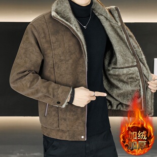 高级感复古扎染皮毛一体毛领皮衣男冬季加绒加厚保暖外套男士夹克