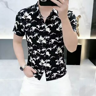 欧货夏季新款男士翻领数码印花短袖衬衫时尚修身弹力型男修身上衣