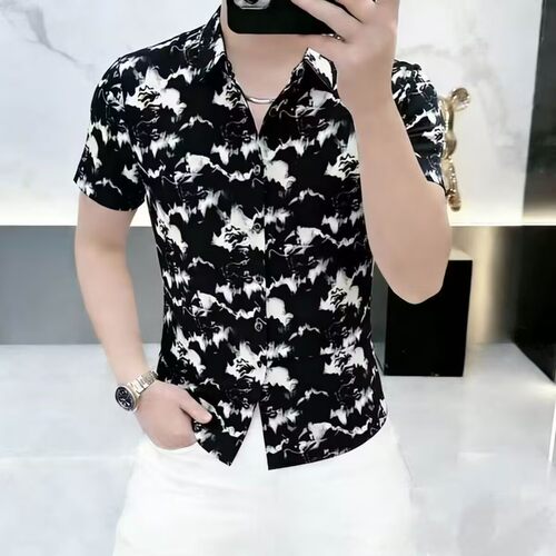 欧货夏季新款男士翻领数码印花短袖衬衫时尚修身弹力型男修身上衣