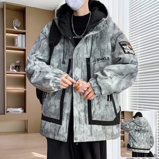 夹克男连帽高级感宽松冲锋衣潮 工装 加绒加厚外套男2025新款 秋冬季