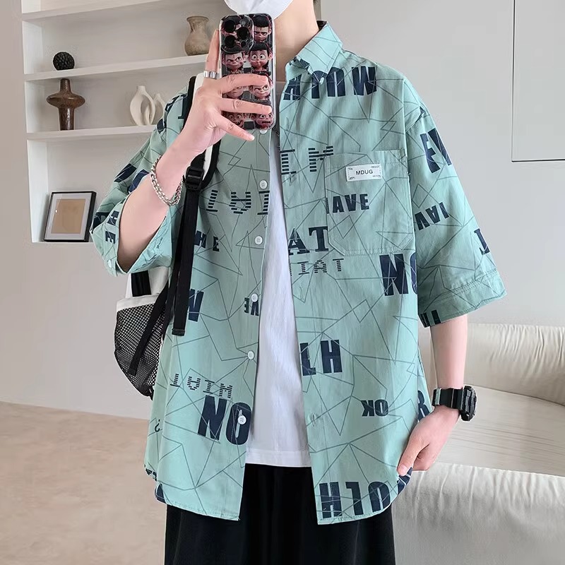 春夏季新款青少年纯棉七分袖衬衫胖男孩初中学生大童短袖衬衣外套