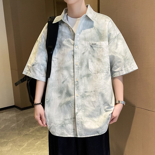 纯棉短袖衬衫男夏季扎染衬衣外套男青少年休闲上衣痞帅港风寸衫潮