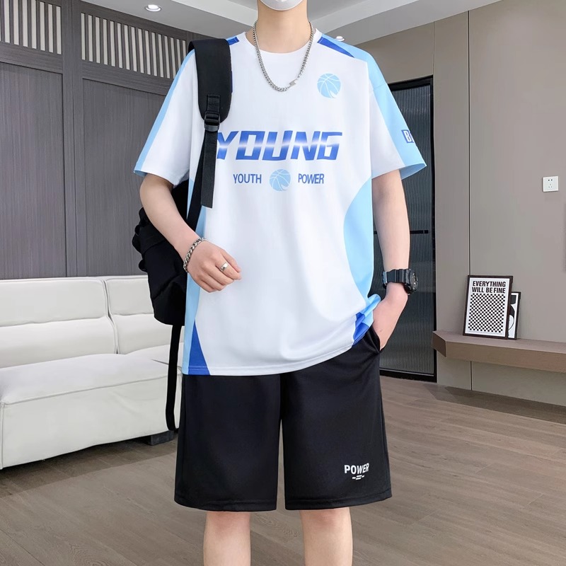 青少年休闲运动套装男冰丝凉感T恤短裤学生比赛篮球短袖训练服夏