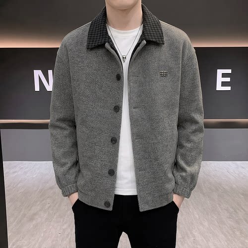 秋季新款假两件翻领毛呢夹克男格子拼接撞色痞帅休闲工装短外套潮