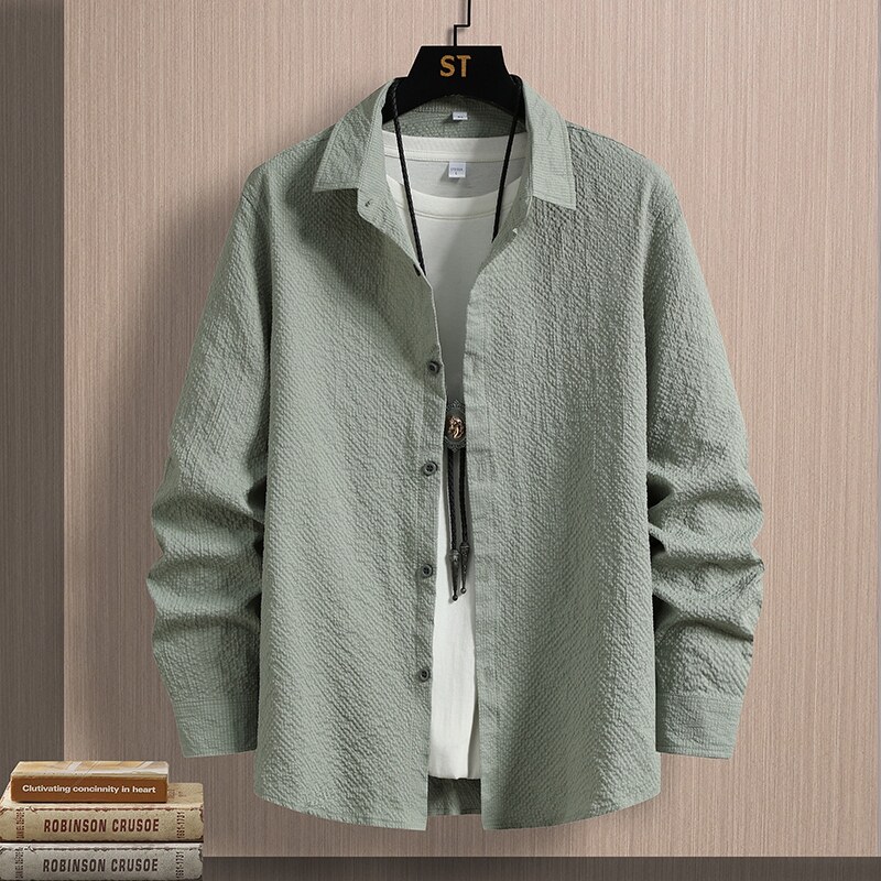 长袖衬衫男春夏季薄款宽松翻领休闲外套男士春秋潮牌痞帅凉感衬衣