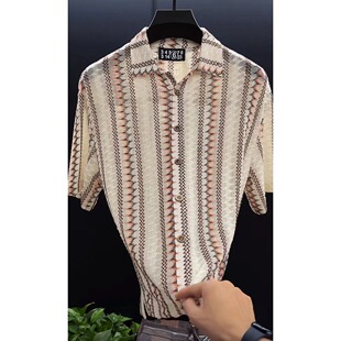 波西米亚民族风镂空编织提花衬衫短袖男夏季cleanfit小众古巴领衫