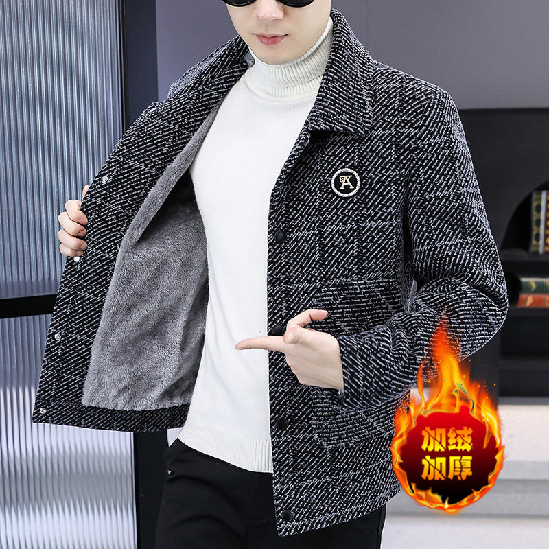 中年冬季男士翻领格子呢子外套加绒加厚休闲毛呢夹克保暖工装上衣