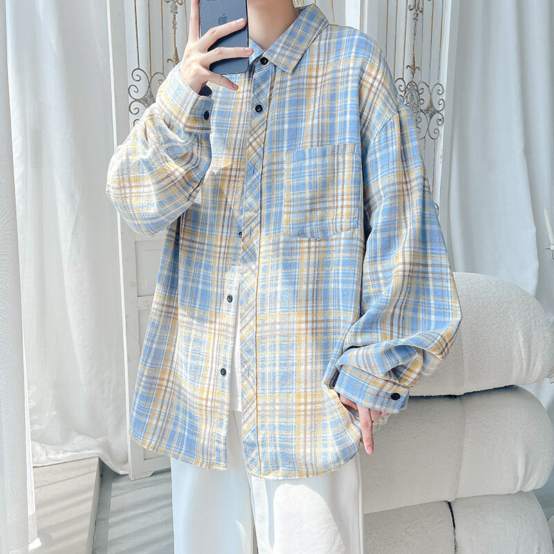 夏季长袖格子衬衫男孩高初中学生青少年大童薄款透气衬衣春秋外套