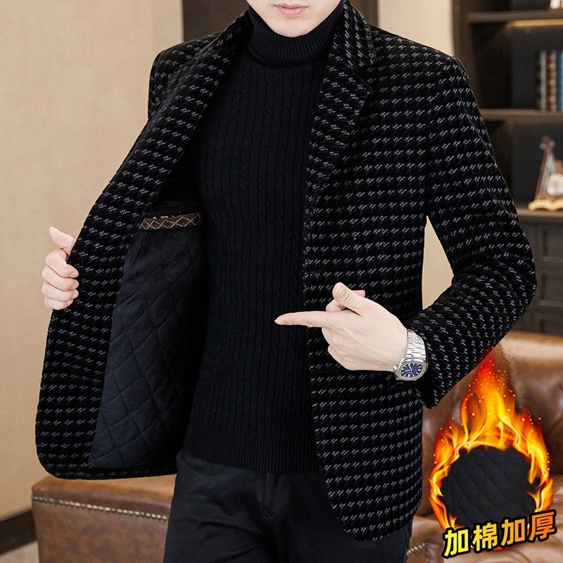 秋冬季格子夹克男加厚韩版修身呢子西装外套男装时尚痞帅毛呢大衣
