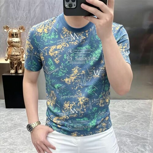高档夏季欧货潮流印花短袖T恤男潮流痞帅百搭时尚半截袖上衣男装