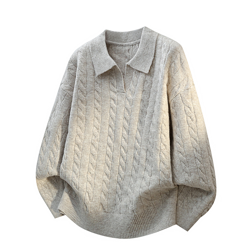 美式复古麻花纹翻领针织毛衣男秋冬季慵懒风宽松套头衫高级感男装