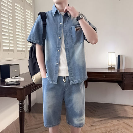 男士修身短袖牛仔衬衫套装夏季青年韩版潮流时尚搭配一套衣服帅气