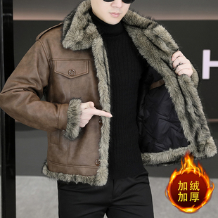 冬季新款翻毛领座山雕皮衣男士加厚保暖休闲时尚PU皮夹克棉衣外套