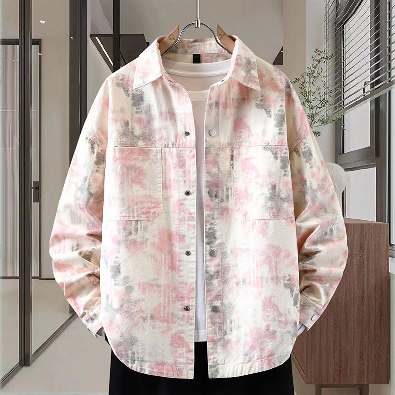 春秋季纯棉长袖衬衫男美式复古宽松牛仔外套夹克工装扎染印花上衣