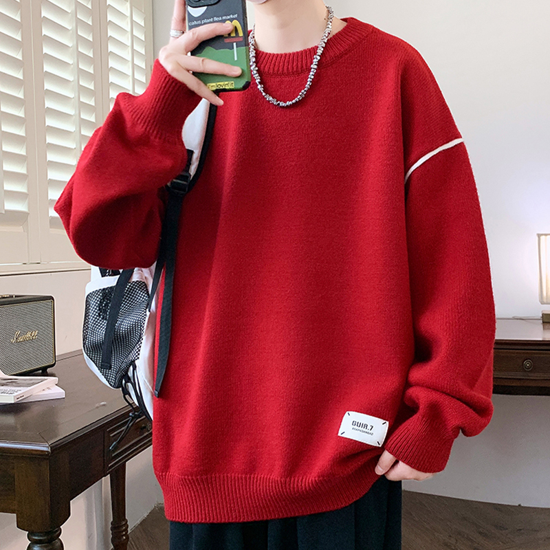 红色青少年毛衣男孩秋冬季新款男装士大童潮牌加厚保暖针织打底衫