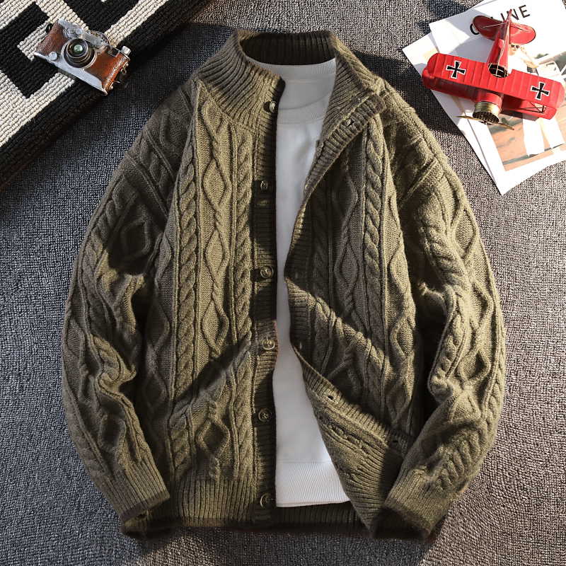 美式复古麻花毛衣男款秋冬季加厚保暖针织衫青少年宽松休闲外套潮