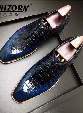 迪尼左伦男士皮鞋方头真皮漆皮鳄鱼纹压花商务正装皮鞋绅士西装鞋