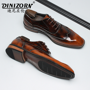 系带欧版 皮鞋 牛津鞋 西装 子 迪尼左伦男士 鞋 方头亮皮真皮商务正装