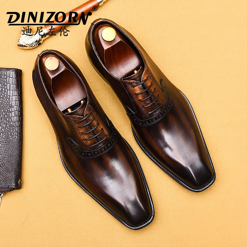 尖头皮鞋男款真皮2025新款英伦风雕花拼色复古擦色商务正装牛津鞋