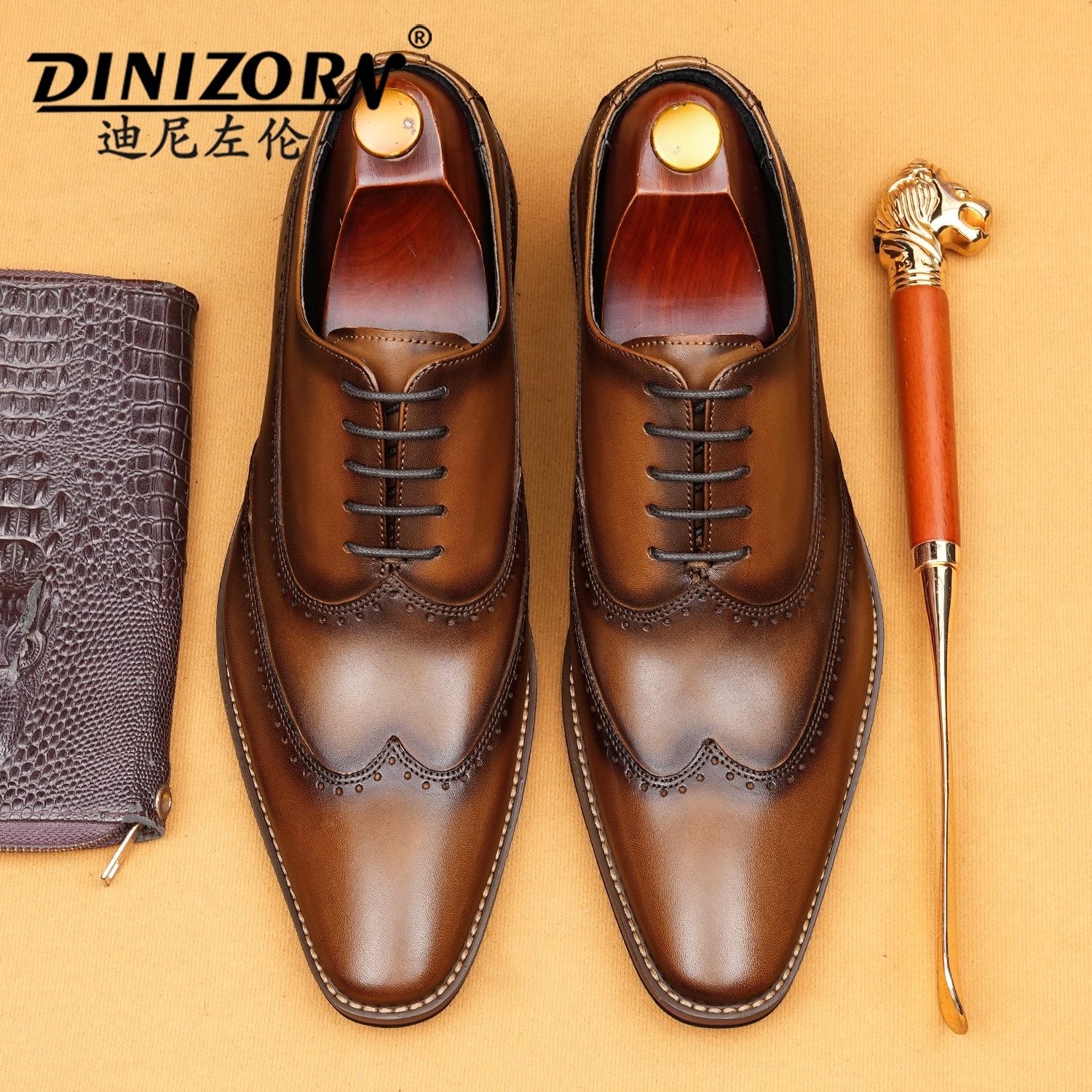 英伦雕花布洛克皮鞋男款2025新款真皮手工擦色商务正装尖头牛津鞋