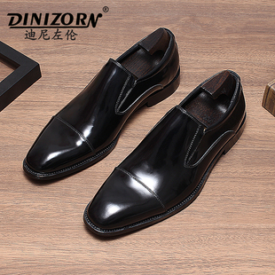 亮面休闲结婚皮鞋 迪尼左伦男士 真皮三接头套脚一脚蹬圆头商务正装