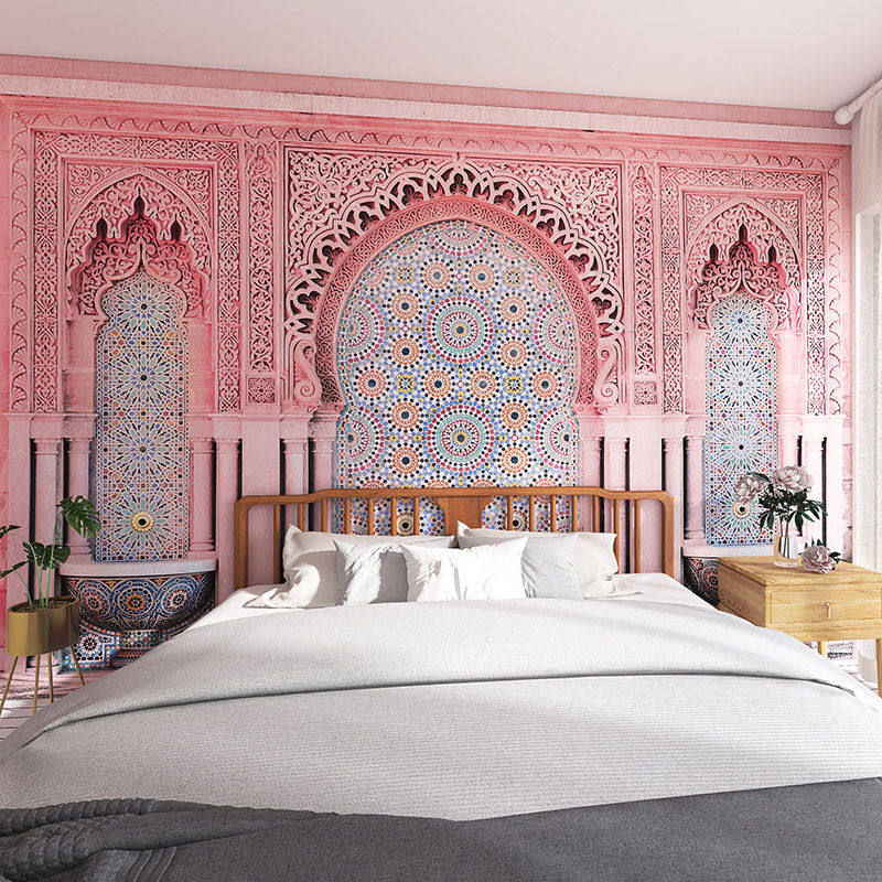 3d自拍馆粉色装饰壁纸泰式换装馆拍照墙布摩洛哥民宿酒店卧室墙纸