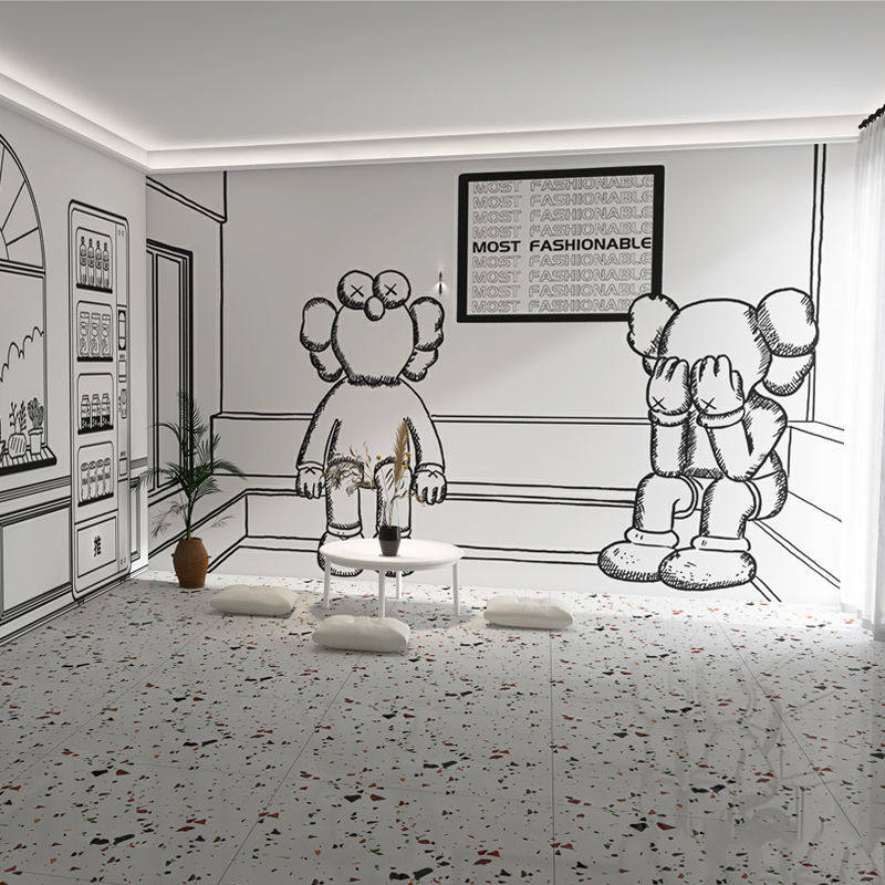 手绘黑白二次元素描墙纸网红打卡餐厅自拍馆直播间拍照背景墙壁纸