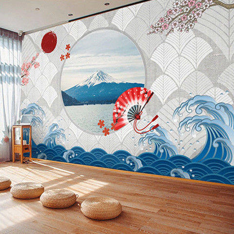 日式木门海浪墙纸和风榻榻米背景墙布寿司剧本杀主题壁纸