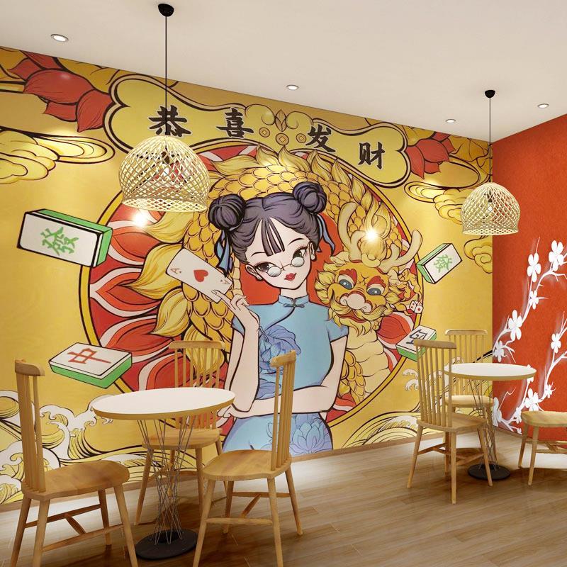 国潮风棋牌室背景墙装饰