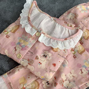 美好 春夏女生花边领唯美可爱 一天小兔子睡衣家居服纯棉纱布薄款