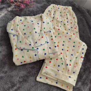 新款 简约女家居服 水洗棉纱翻领彩色爱心睡衣春夏纯棉双层纱布套装