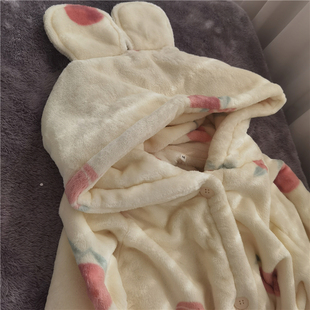 甜美法兰绒秋冬加厚连帽睡袍水蜜桃耳朵睡裙长袖 女士新款