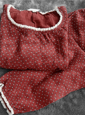 显白红色睡衣家居服碎花睡衣纯棉双层纱布花边圆领套头长袖本命年
