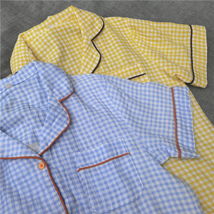 家居服女款 慵懒风亮色糖果小格子韩版 夏季 睡衣短袖 纯棉纱布 短裤
